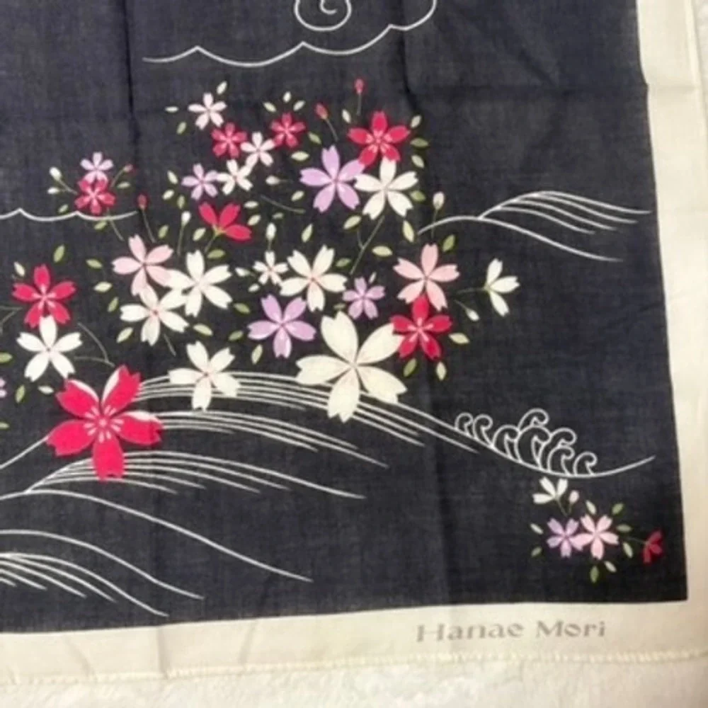 Vtg HANAE MORI Scarf Handkerchief Cherry Blossom Navy Pink 16